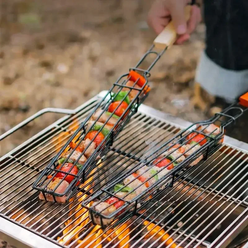Barbecue Cage Outdoor Camping Barbecue Net Square BBQ Skewers Basket Wooden Handle Meat and Vegetable Barbecue Tube BBQ Tools