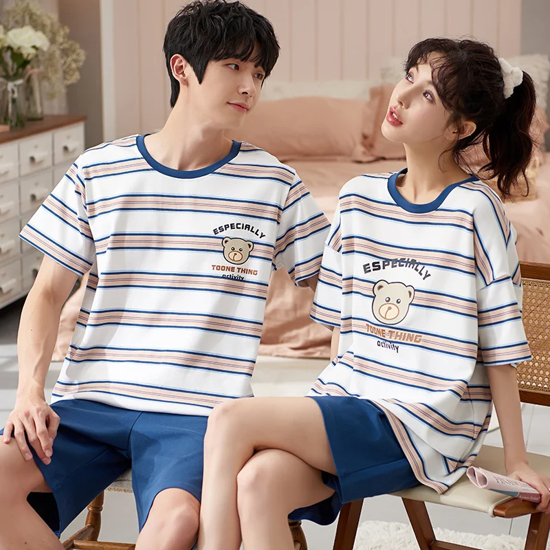 New Summer 100 Cotton Couple Pajama Sets Short Sleeve Loose M 5xl Lovers Pajamas Men Pyjamas