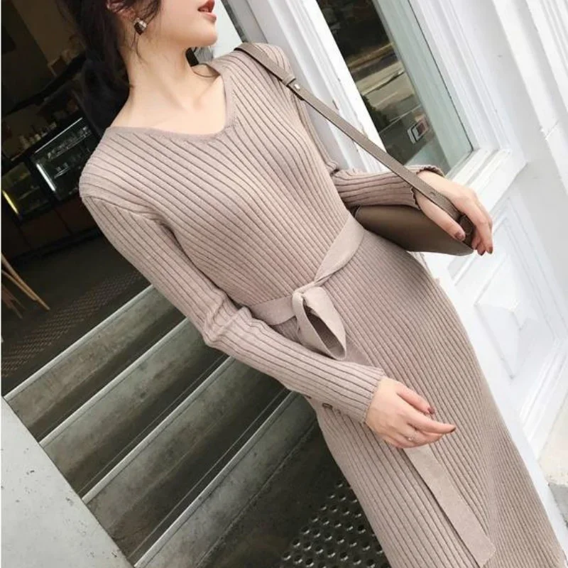 

Winter Slim Fit Bottoming Dress Bodycon Womens V Neck Long Sleeve Jumper Tops Knitted Sweater Gothic Korean Fashion Clothing