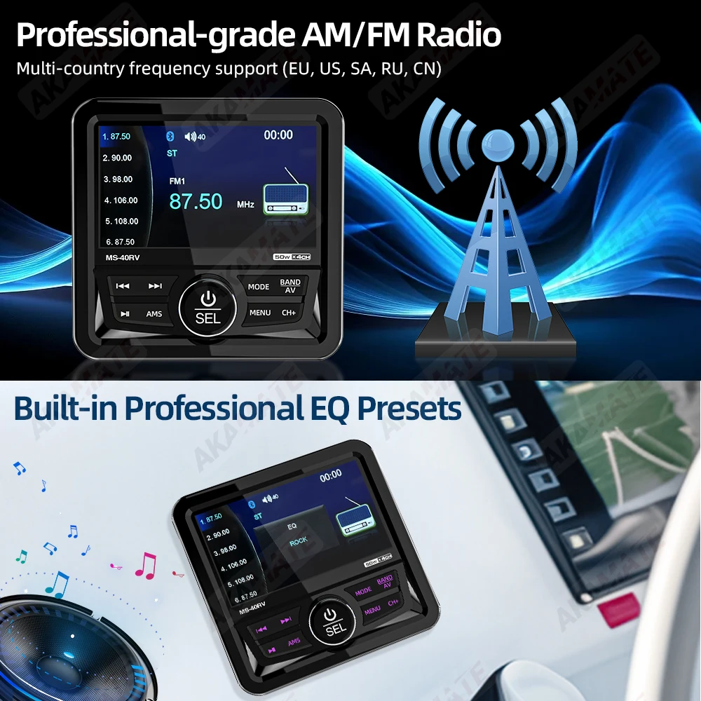 RV Radio Marine Stereo Square Boat Radio Speaker FM AM Antenna Waterproof IPX5 Bluetooth Multimedia Player MP5