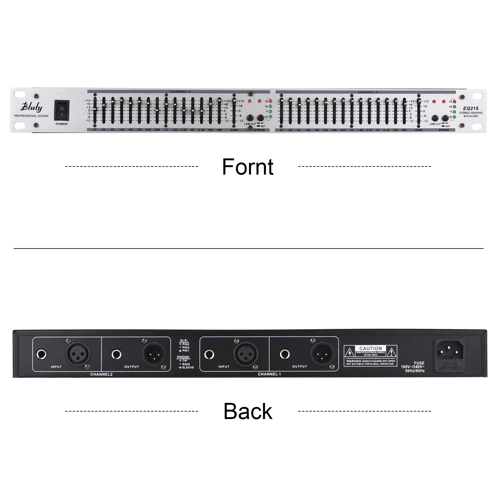 Btuty EQ-215 Dual Channel 15-Band Equalizer 1U Rack Mount 2-channel Stereo Graphic Equalizer 110-240V