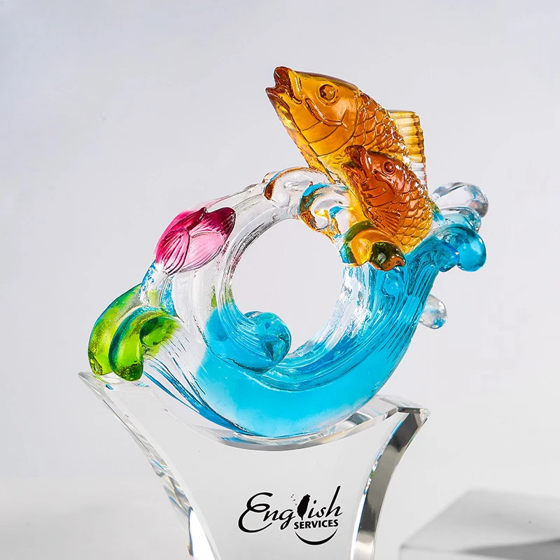 Customized High-end Fish Shape Coloured Glaze Crystal Trophy, Excellent Staff Company Annual Meeting Award, Home Decoration, 1Pc