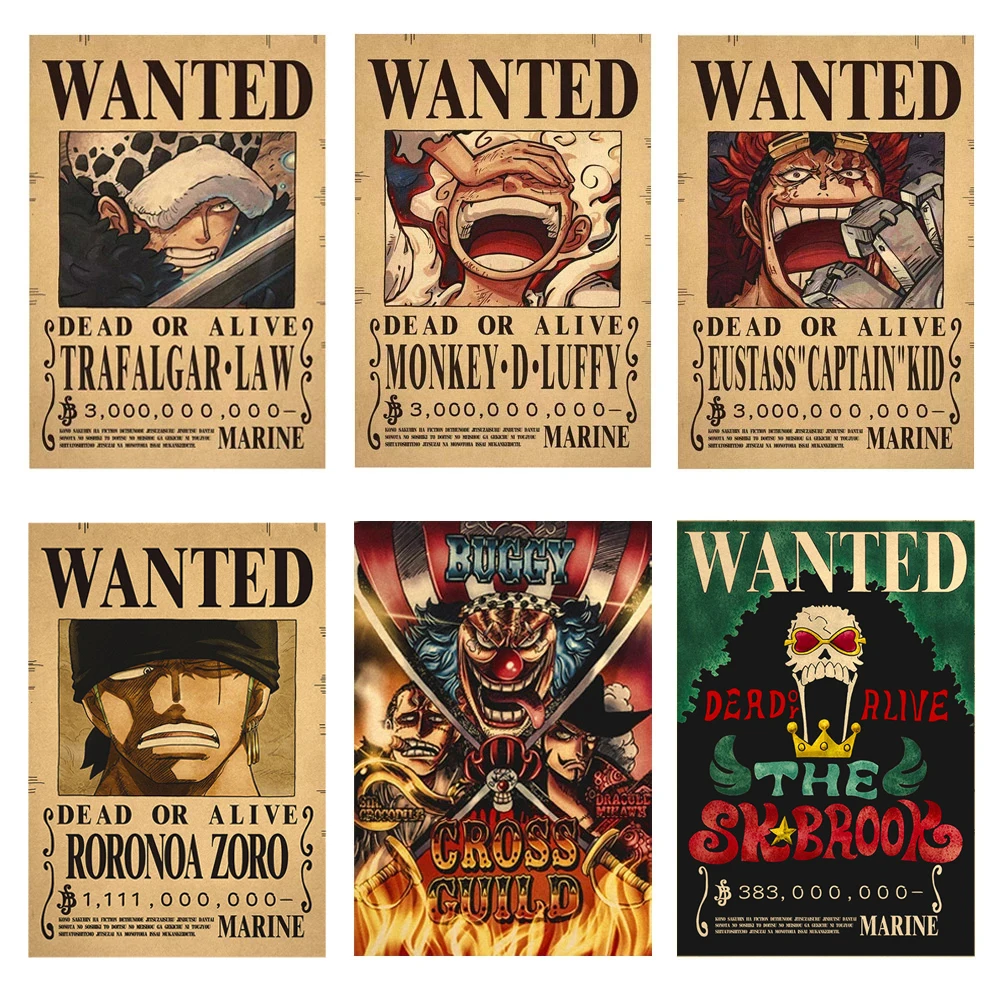 Anime New One Piece Rufy 3 Billion Bounty Wanted Poster Quattro Imperatori Kid Action Figures Vintage Wall Decoration Poster Gifts