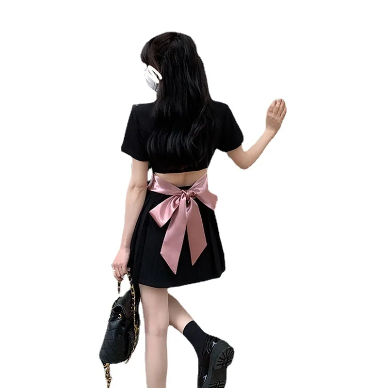 

2022 Summer Korean version of temperament back bow short-sleeved slim fit dress