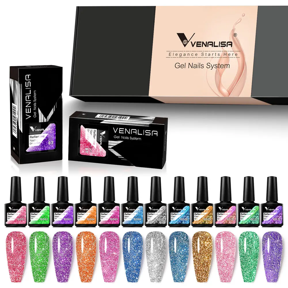 12 stücke/kit Venalisa Super Reflektierende Disco Gel Nagellack Silber Diamant Wirkung Nagel Pigment Glitter Sparkle Nagel Gel lack
