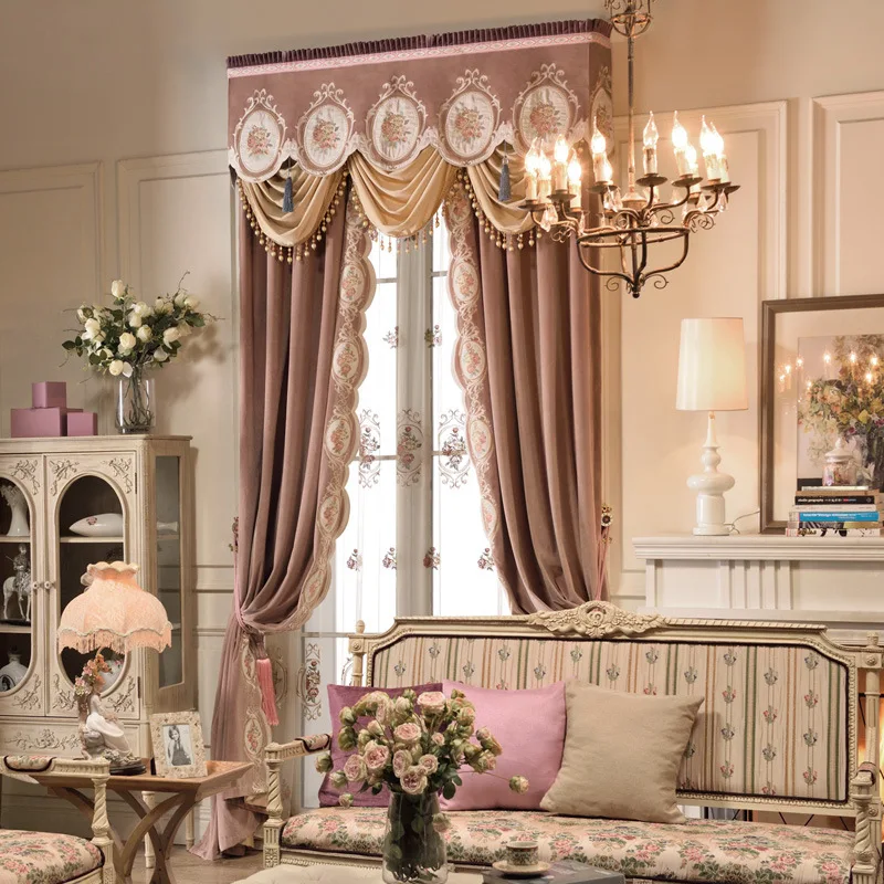 

European American Italian Flannel Embroidered Curtain Dirty Pink Villa Luxury Curtains for Living Dining Room Bedroom Bay Window