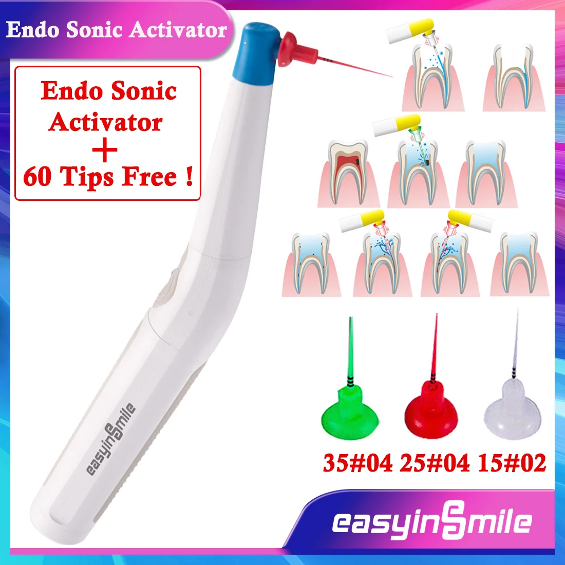 

Dental Ultrasonic Irrigation Activator Portable Root Canal Clean Endo Hanpiece + 60 Flexible Tips EASYINSMILE
