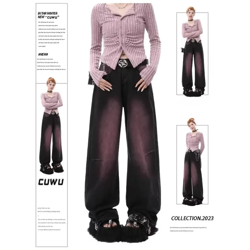 

Черные женские джинсы оверсайз градиентные прямые штаны с высокой талией Y2K Модные женские джинсовые брюки с широкими штанинами в европейском и американском стиле