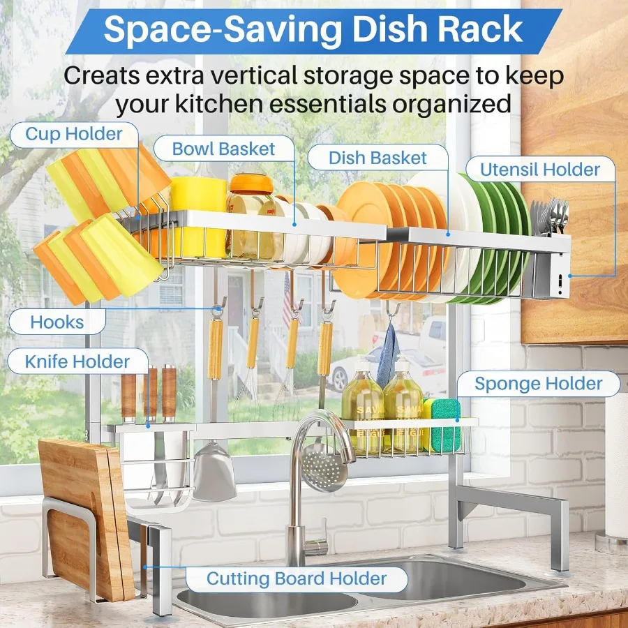 Over The Sink Dish Drying Rack Adjustable Dish Rack for Kitchen CounterMetal Silver