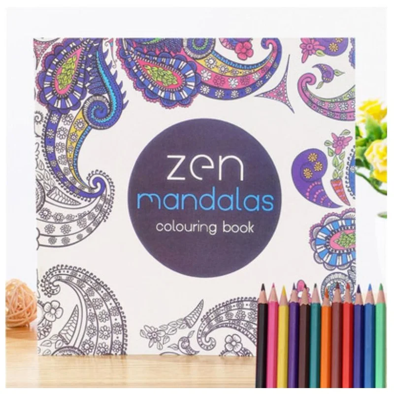 

128 Pages Zen Mandalas Coloring Book For Adults Children Relieve Stress Kill Time Secret Garden Book with 12 Color Pencils