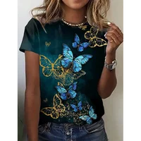 T-shirt col rond imprimé papillon 3d pour femme, haut à manches courtes, surdimensionné, à la mode, été, 2024 4