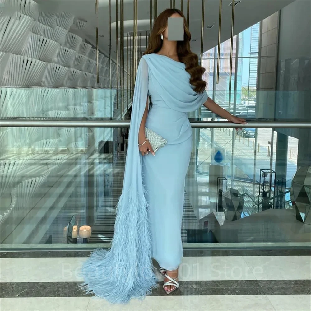 

Chiffon Pleated Floor Length Light Blue Elegant Evening Dresses Formal Party Dress With Feathers For Women فساتين سهره فاخره
