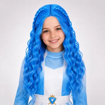 Parrucca Sintetica Lunga Ondulata Blu Intrecciata per Cosplay di Personaggi Fantasy come Ereditiera Malvagia, Principessa, Discendenti del Paese delle Meraviglie per Halloween