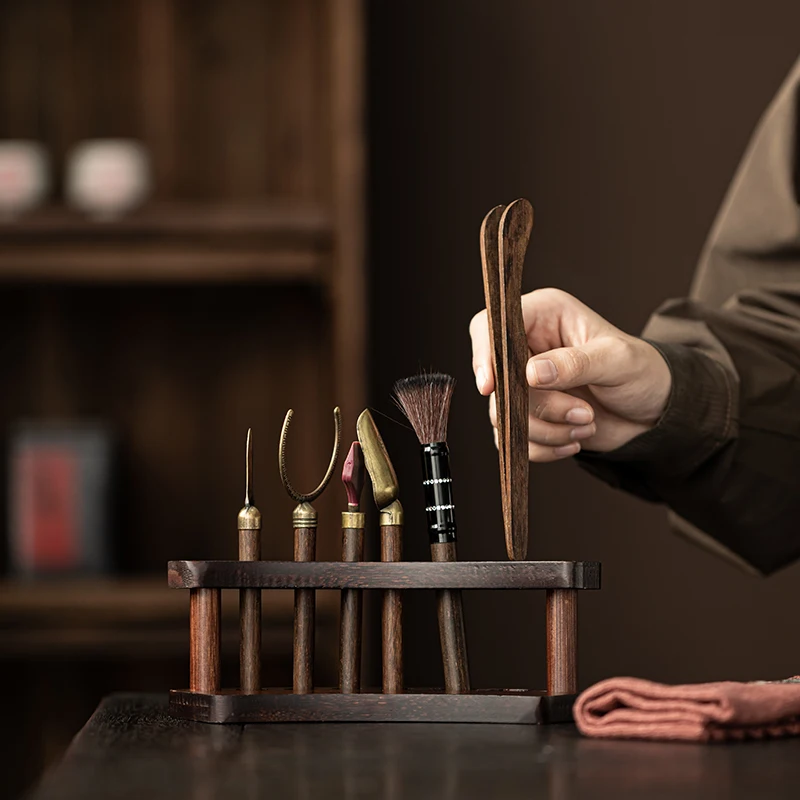 Solid wood tea ceremony six gentlemen set Kung Fu tea set accessories Daquan tea table tray tea making tools tea scraping set