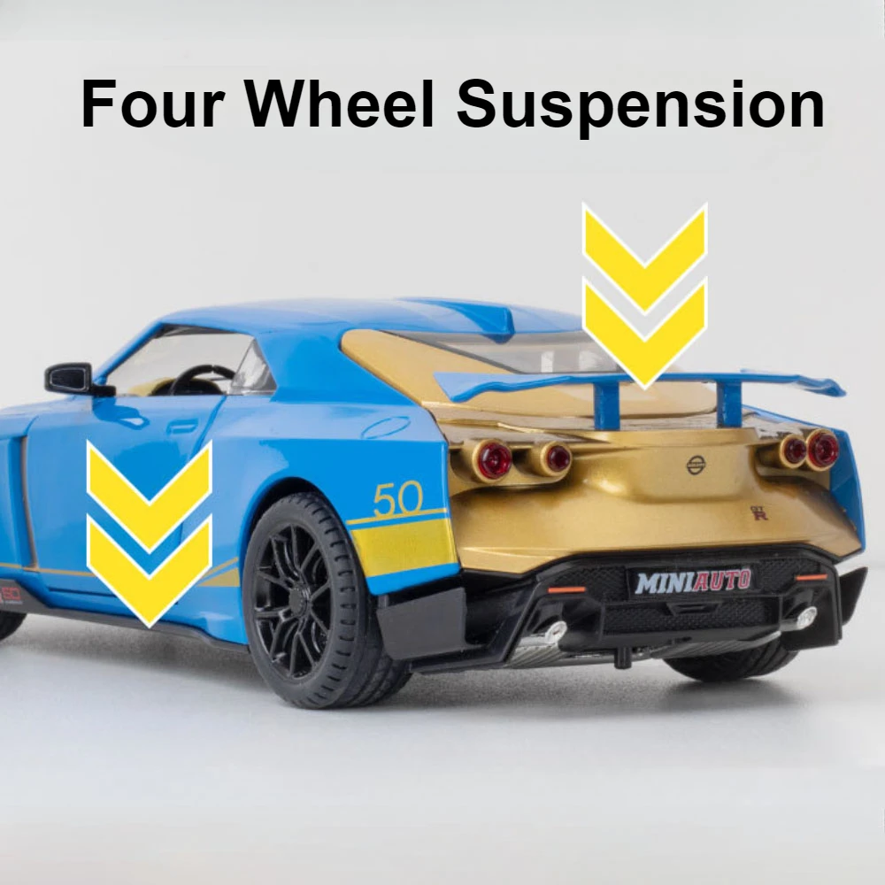 체중계 GTR50 모델 자동차 장난감, 다이캐스트 금속 사운드 라이트 풀 백 도어, 충격 흡수 미니어처 차량, 남아용 선물, 1:24