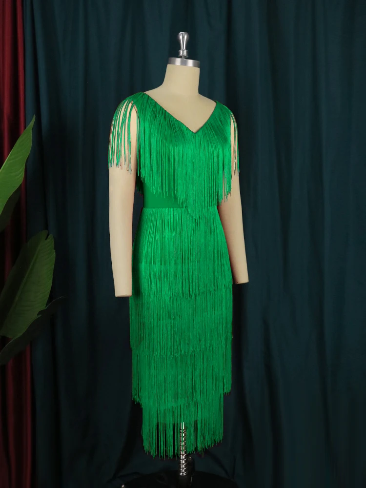 Abiti con frange verdi per le donne Sexy scollo a V nappa Cocktail Event Party outfit senza maniche a vita alta aderente Midi abiti 3XL 4XL - immagine 3