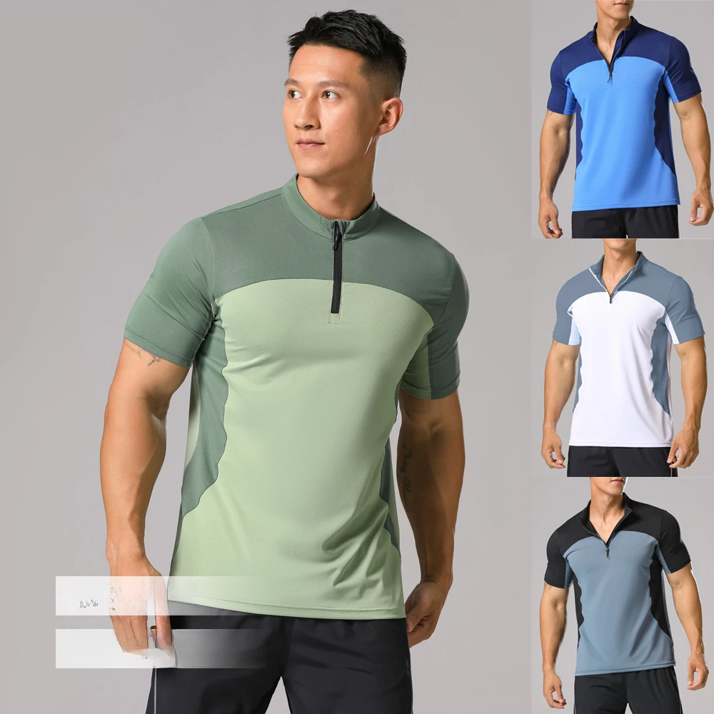 

Running short-sleeved T-shirt with vertical collar and half zipper solid color fitness elastic quick-drying clothes