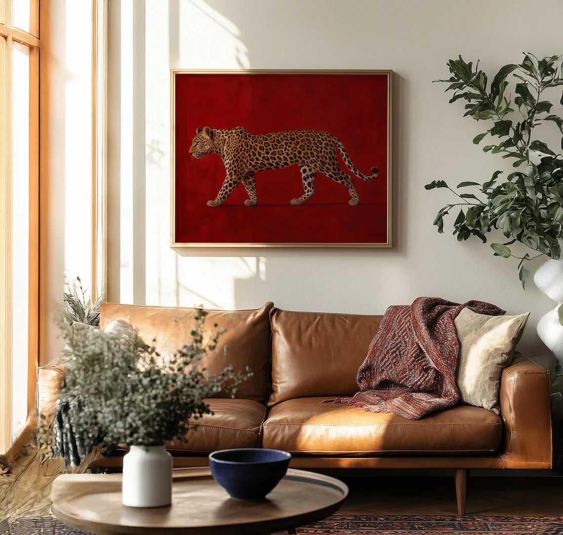 Red Leopard Oil Painting - Framed Poster, Burgundy Vintage Artwork, Luxe Masculine Decor