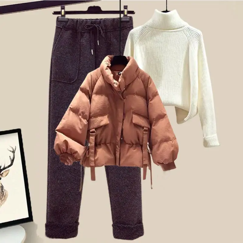 Fashion Women\'s Suit Autumn and Winter 2022 Short Down Cotton Coat Sweater Woolen Casual Pants Fashion Suit Three Piece Suit