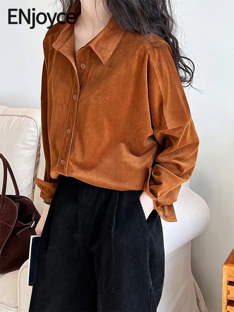 

2024 Early Spring Women Vintage Corduroy Thickened Shirts Korean Workwear Elegant Luxury Designer Lapel Blouses Long Sleeve Tops