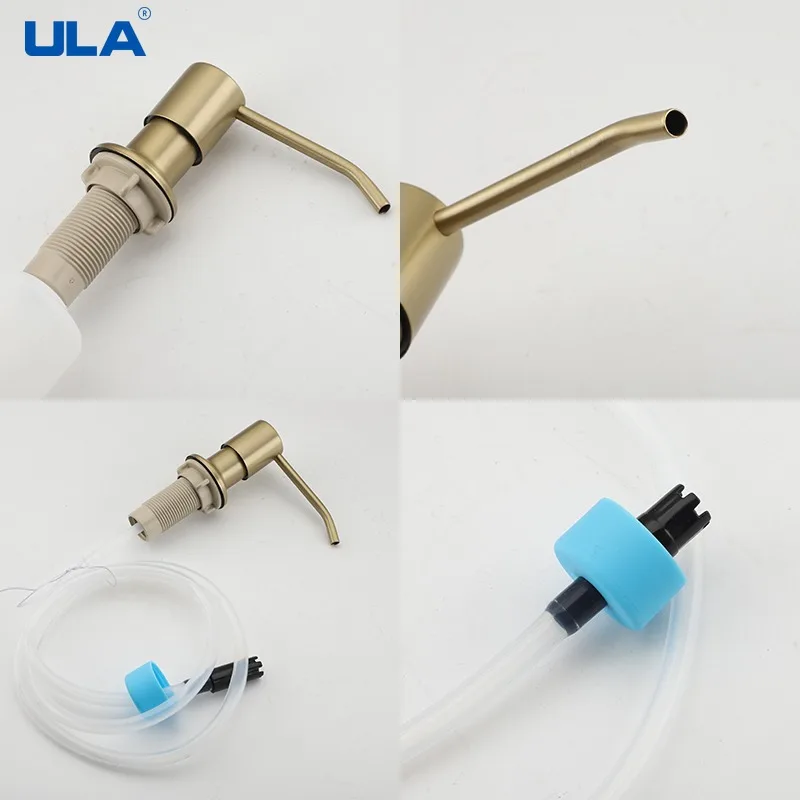 ULA Gold Kitchen Sink Liquid Soap Dispenser Liquid Soap Bottle Sink Mount Stainless Steel Head Hand Press Dispenser Bottle 6