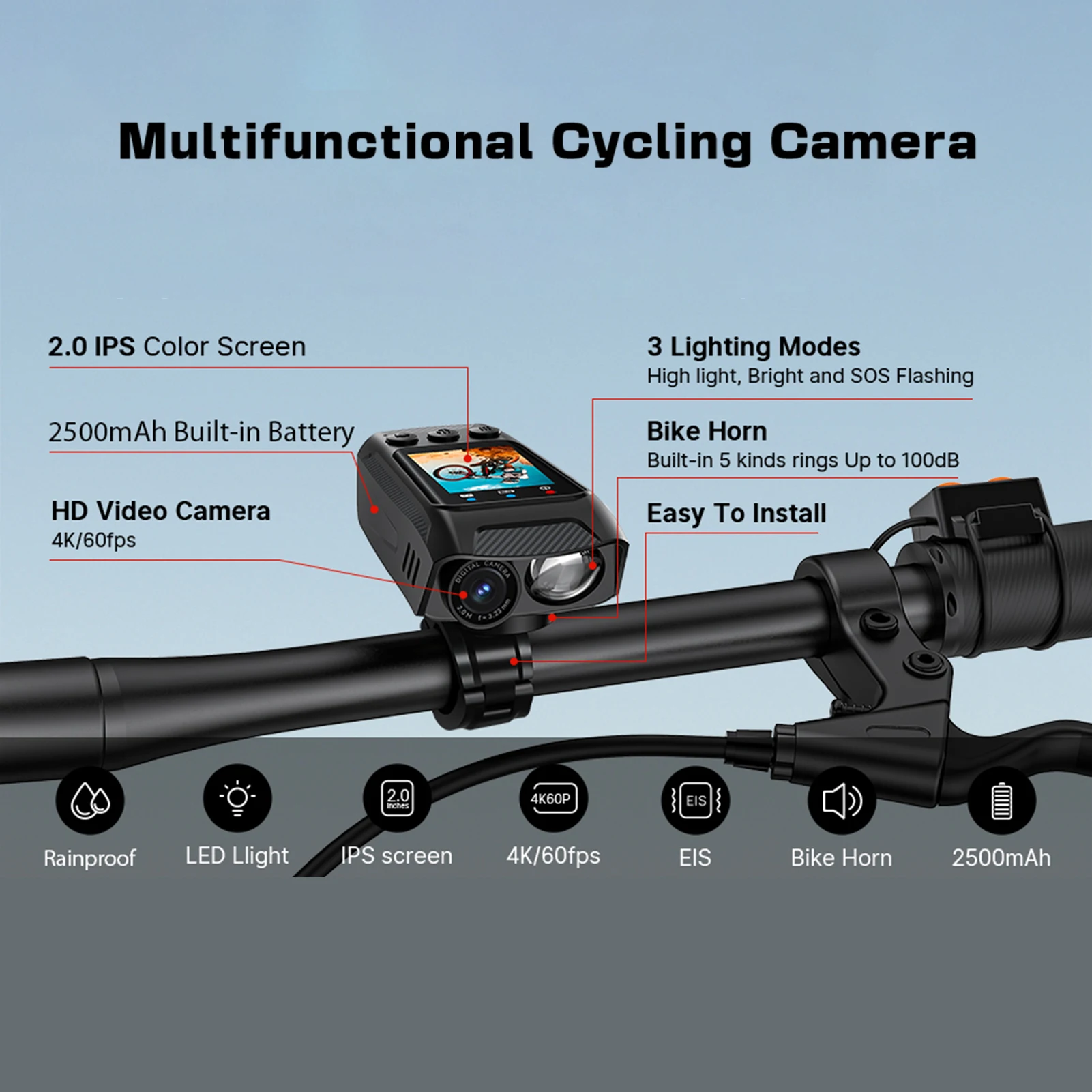 Détail du klaxon intégré et de la lampe LED sur la caméra action 4K 60fps pour vélo