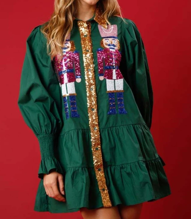

Sequin Dress 2023 New Hot Selling Fresh Sweet Contrast Color Long Sleeve Polo Button Christmas Design Mini Dress