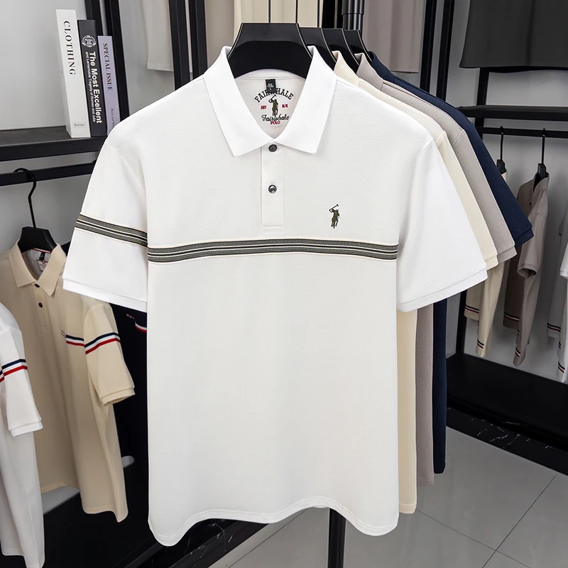 Designer-Marken-Poloshirt aus Seide und Baumwolle mit kurzen Ärmeln Sommer-Paul-Pony-Stickerei gestreiftes Design T-Shirt Business-Casual-Herrenoberteil – Detail 8