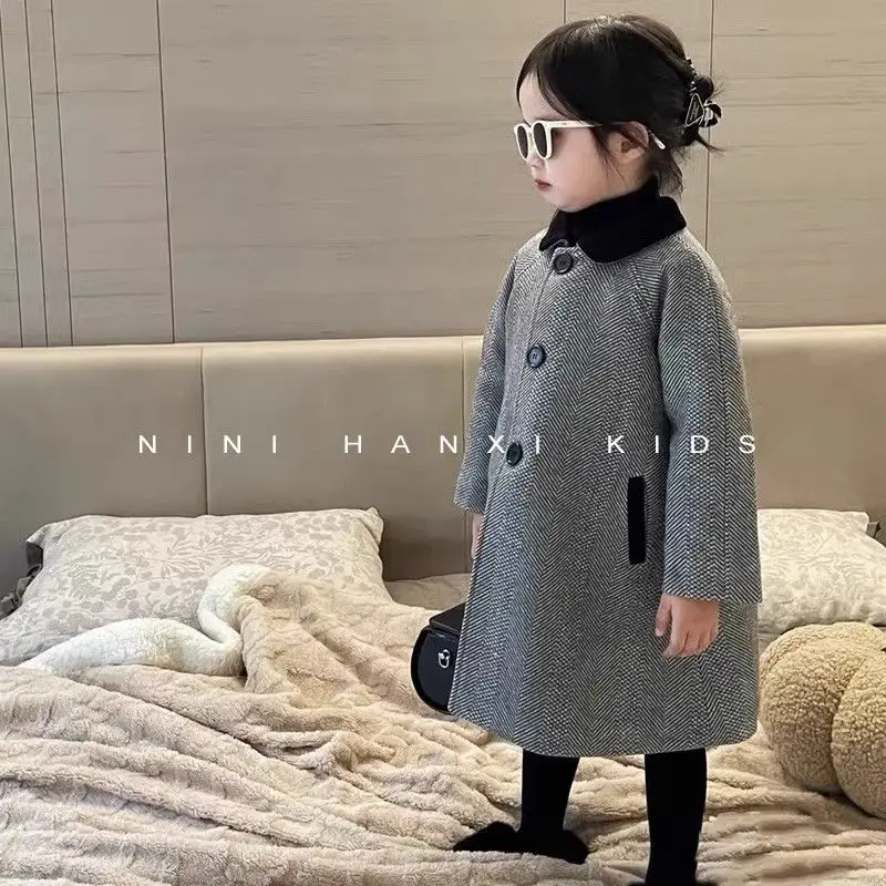 Girls Woolen Coat Overcoat Jacket Windbreak 2023 Stylish Warm Thicken Winter Cotton Party Plus Size Children's Clothing