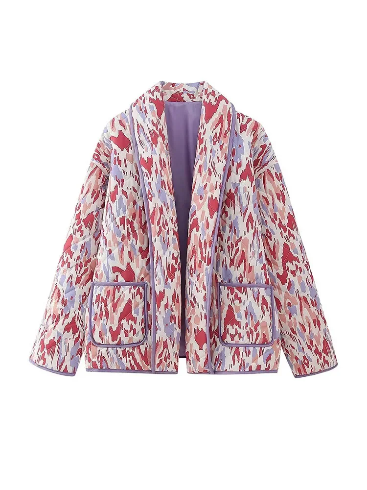 

HH TRAF Winter Women Warm Vintage Coat Female Fashion Patchwork Printed Long Sleeve Chic Loose Cardigan Overcoat Slim Jacket