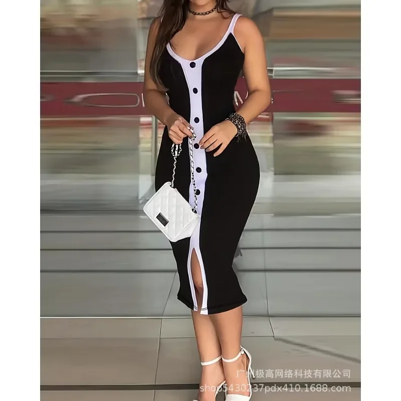 

Temperament New Arrivals Design Spring Summer Women's Clothing Sling Contrast Color Tight Mid-Length Dress