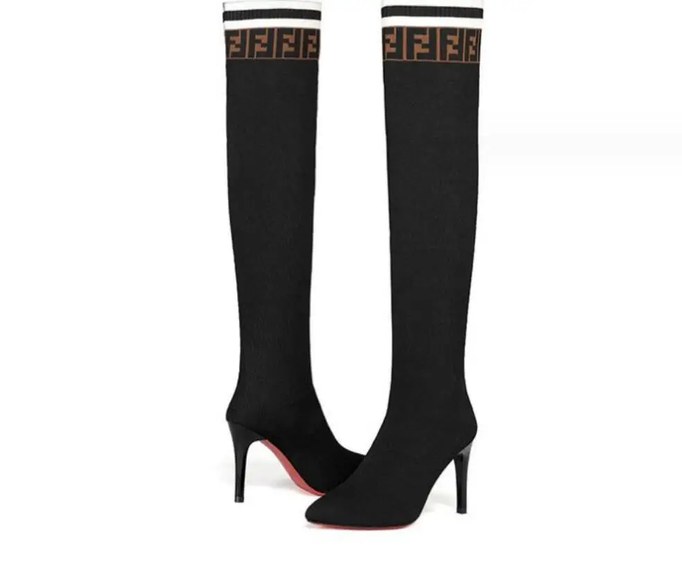 New Fashion Knee Length Boots Slender high heeled boots Stripe Contrast High Heel Elastic Boots Autumn Shoes Slender high boots