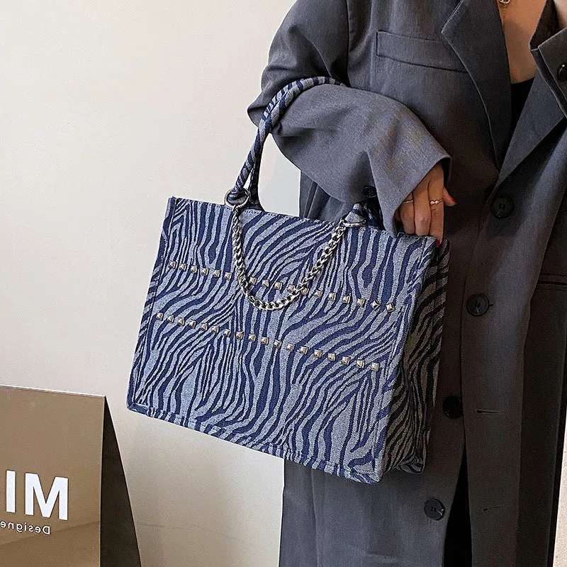 2023 New Fashion High-Capacity Blue Striped Denim Handbags  Tote Bag  For Womens