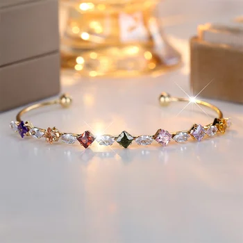 Multicolor Crystal Rainbow Zircon Open Adjustable Bangles Bracelets For Women Vintage Gold Silver Color Geometric Stone Bracelet