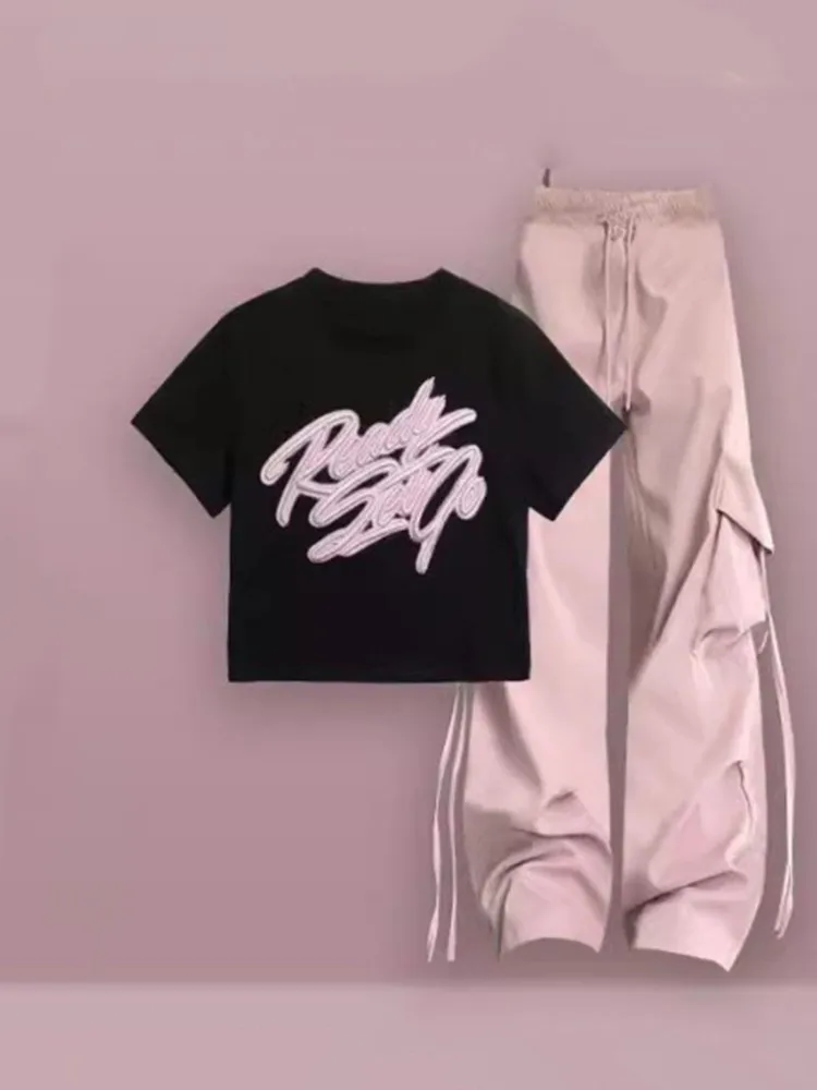 2024 Summer Sweet Cool Set Women's Korean Design Short sleeved T-shirt+High Waist Wide Leg Pants Two Piece Set
