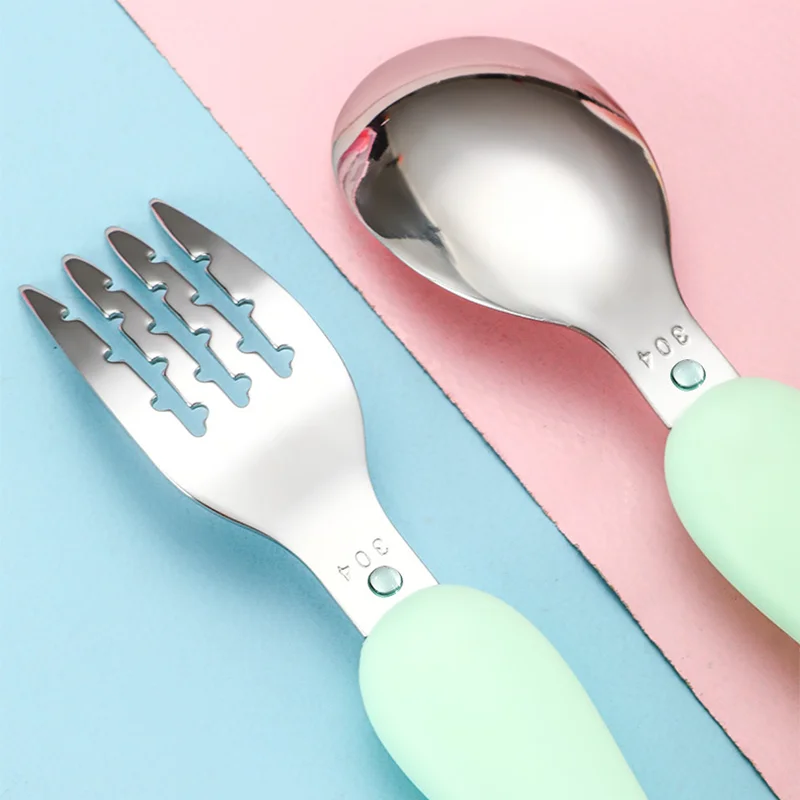 304 Stainless Steel Portable Children's Fork And Spoon Set Dinosaur Baby Cartoon Tableware Baby Learning To Eat Training Cutlery