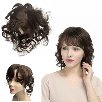 35cm Body Wavy Human Hair Toppers for Women with Bangs Curly Topper Clip-in Hair Extension Piece to Block Sparse Hair Seams