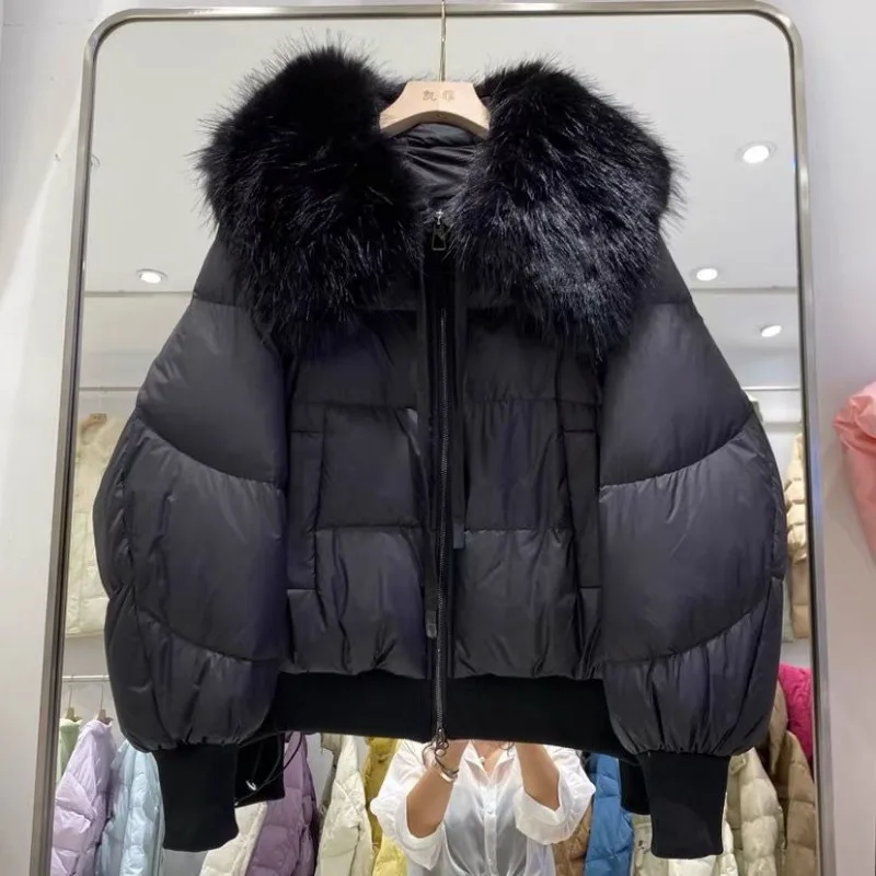 2023 New Winter Puffer Jacket Women Thick Warm Short Parkas Real Natural Raccoon Fur Female Loose 90% White Duck Down Coat