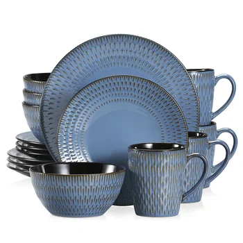 16-Piece Blue Embossed Stoneware Dinnerware Set 1