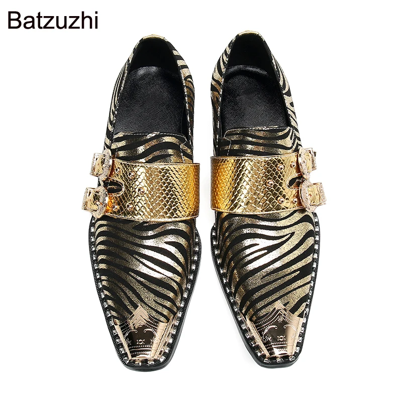 Batzuzhi Men's Shoes Pointed Iron Toe Handmade Men Dress Shoes Leather Blue/Gold Business, Party and Wedding Shoes for Men,38-47