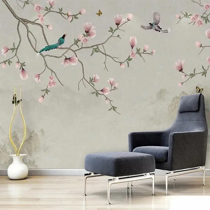 

Custom Mural Wallpaper Chinese Style 3D Hand Painted Magnolia Flower And Birds Fresco Living Room TV Sofa Study Papel De Parede