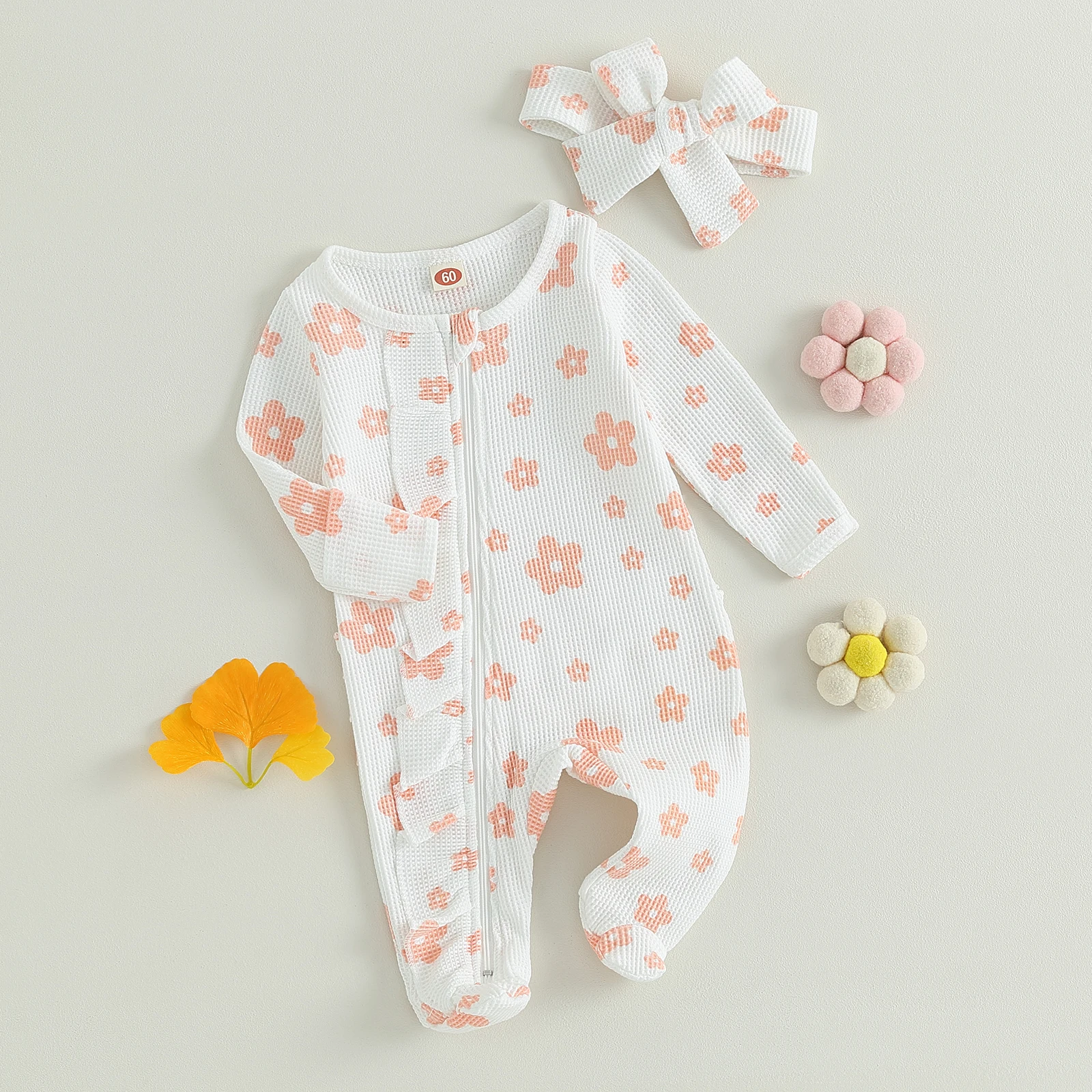 Pudcoco Infant Baby Girl Footed Jumpsuit Cartoon Floral Print Long Sleeve Front Zipper Closure Romper + Bow Headband 0-6M