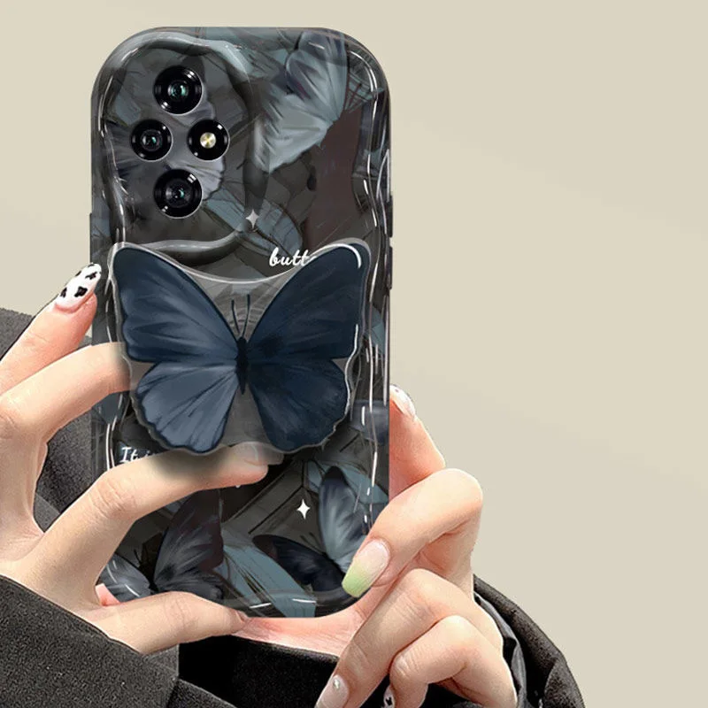 Elegant Black Butterfly Grip Tok Holder Wave TPU Soft Phone Case