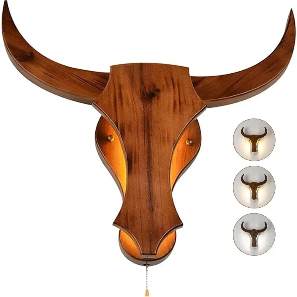 Vintage Wall Sconce Lamp 3 Color Temperatures Retro LED Industrial Wall Light Wood -Wall Sconce Lamp Ox Head Shape for Home Bar