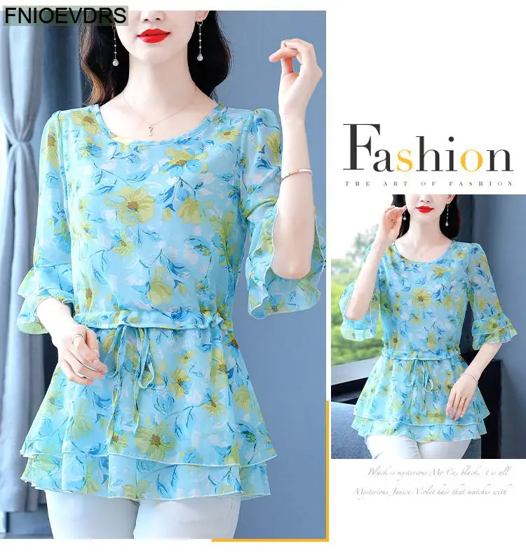 S-4XL Loose Clothes 2023 Women Summer Slim Waist Drawstring Ruffles Shirts Casual Chiffon Floral Tunic Peplum Tops And Blouses