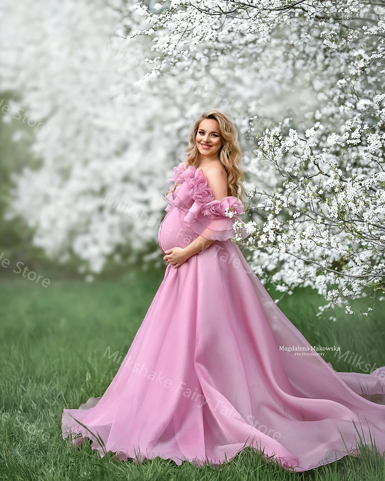Pink A Line Maternity Robes for Pregnant Women Off Shoulder Ruffles Photography Dresses Sexy Floor Length Baby Shower Gowns