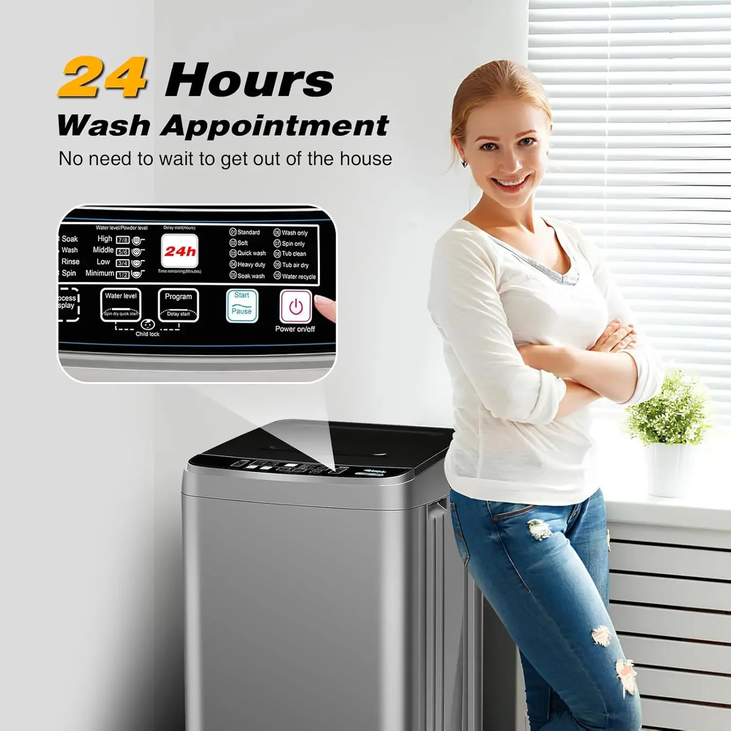 Washing Machine, 25 LBS Full Automatic Portable Washing Machine with 8 Water Levels and 10 Programs Laundry Drain Pump, Grey Low 4