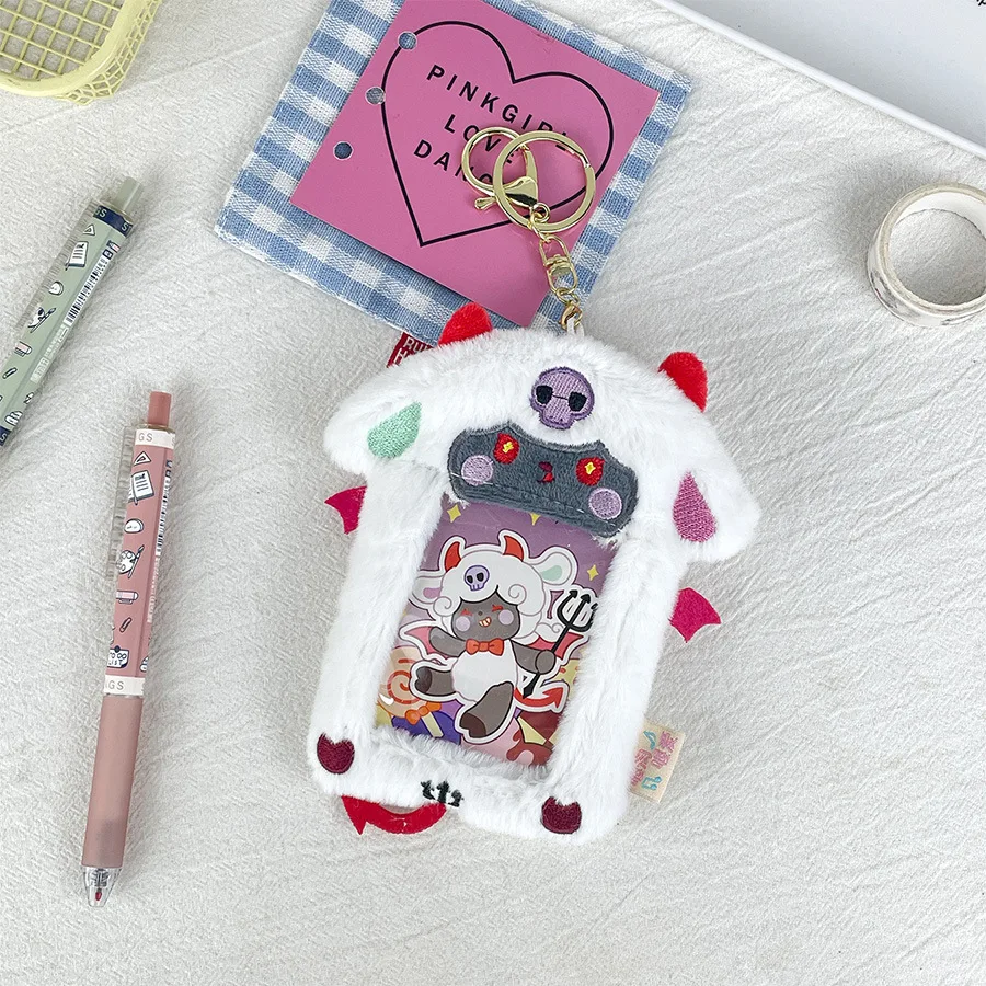 Animal plush card sleeve cute angel devil lamb ID card bag photo show couple pendant 4