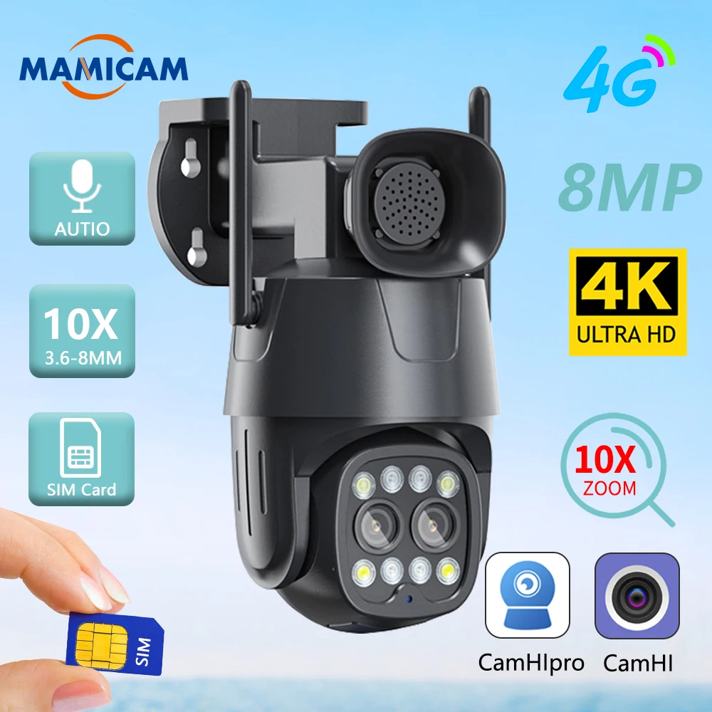 4K/8Mp 3G 4G Sim Card Lte Camera Ip Wifi Survalance Camera Outdoor Dual Lens 3.6Mm-8Mm Cctv Cam Ai Human Tracking Visione A Colori