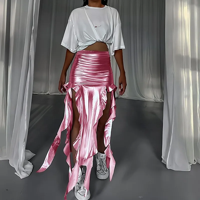 Y2k Tassel Metallic Silver Skirt Women Ribbon PU Green Shiny Irregular High Waist Bodycon Side Slit Party Maxi Skirts